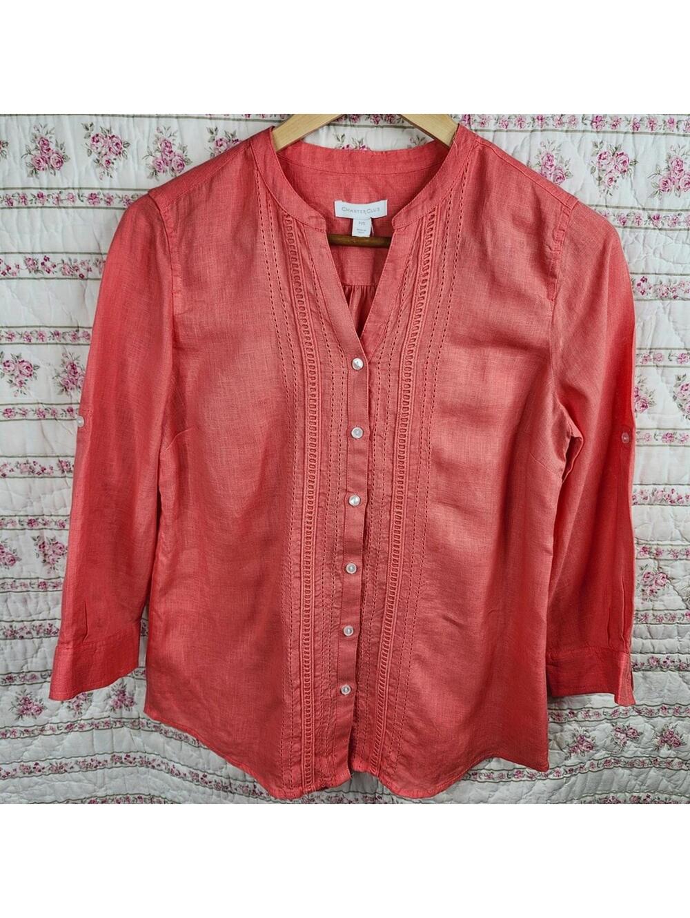 Charter Club Coral Linen Button-Up Blouse - Petite Small